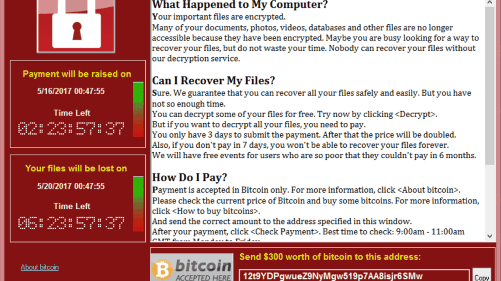 Screenshot of WannaCry ransomware