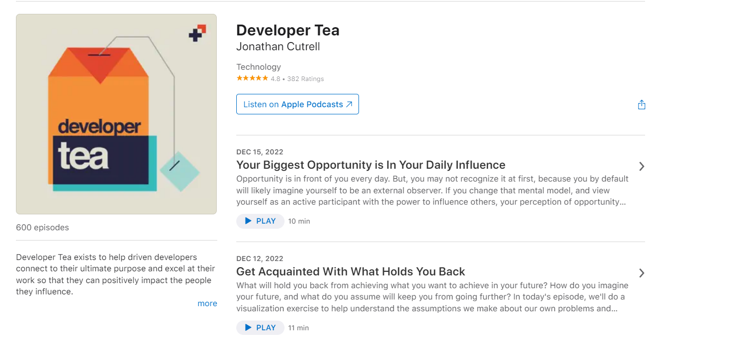 Screenshot of Developer Tea's Apple Podcast