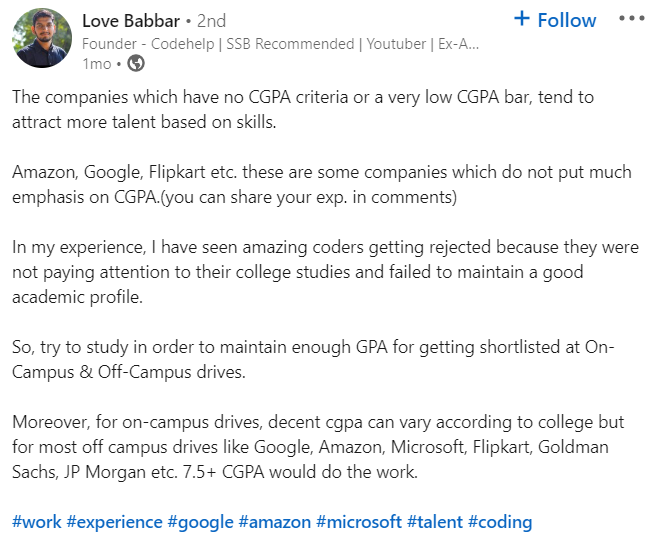 Love Babbar's post on CGPAs losing relevance in the long run.
